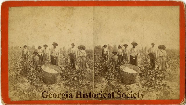 African-American cotton pickers from 1880. From the Georgia Historical Society Collection of Stereographs