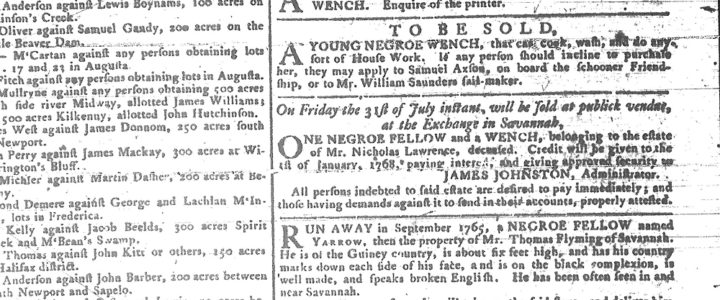 Advertisements in the Georgia Gazette on July 01, 1767