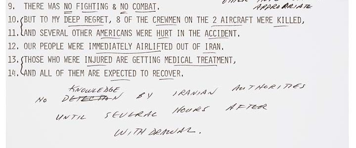 President Jimmy Carter’s Annotated Statement on the Failed Rescue Mission Regarding the Hostages in Iran 1980