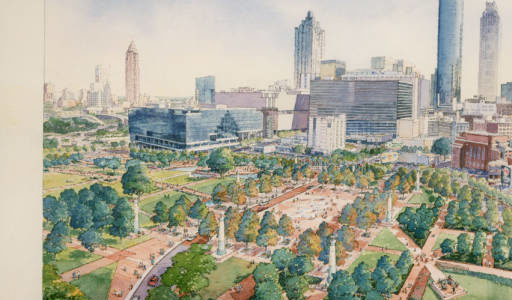 Centennial Olympic Park. Atlanta, Georgia, one of three photographs of the renderings. They are probably from 1995, but may be from the 1998 redesign of the park.