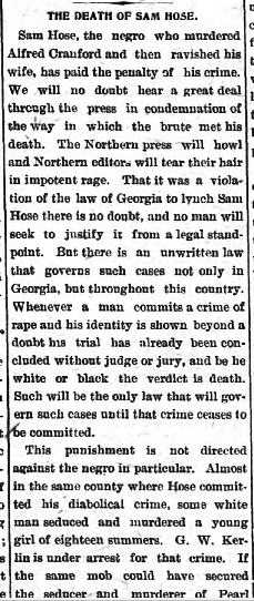 Newspaper coverage of the Sam Hose lynching in the Athens Weekly Banner. 1899